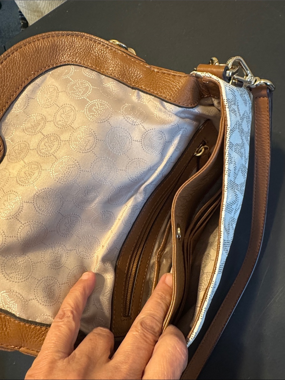 Michael Kors Beige Logo Crossbody with Brown Leather Trim and Tassel - Picture 4 of 5